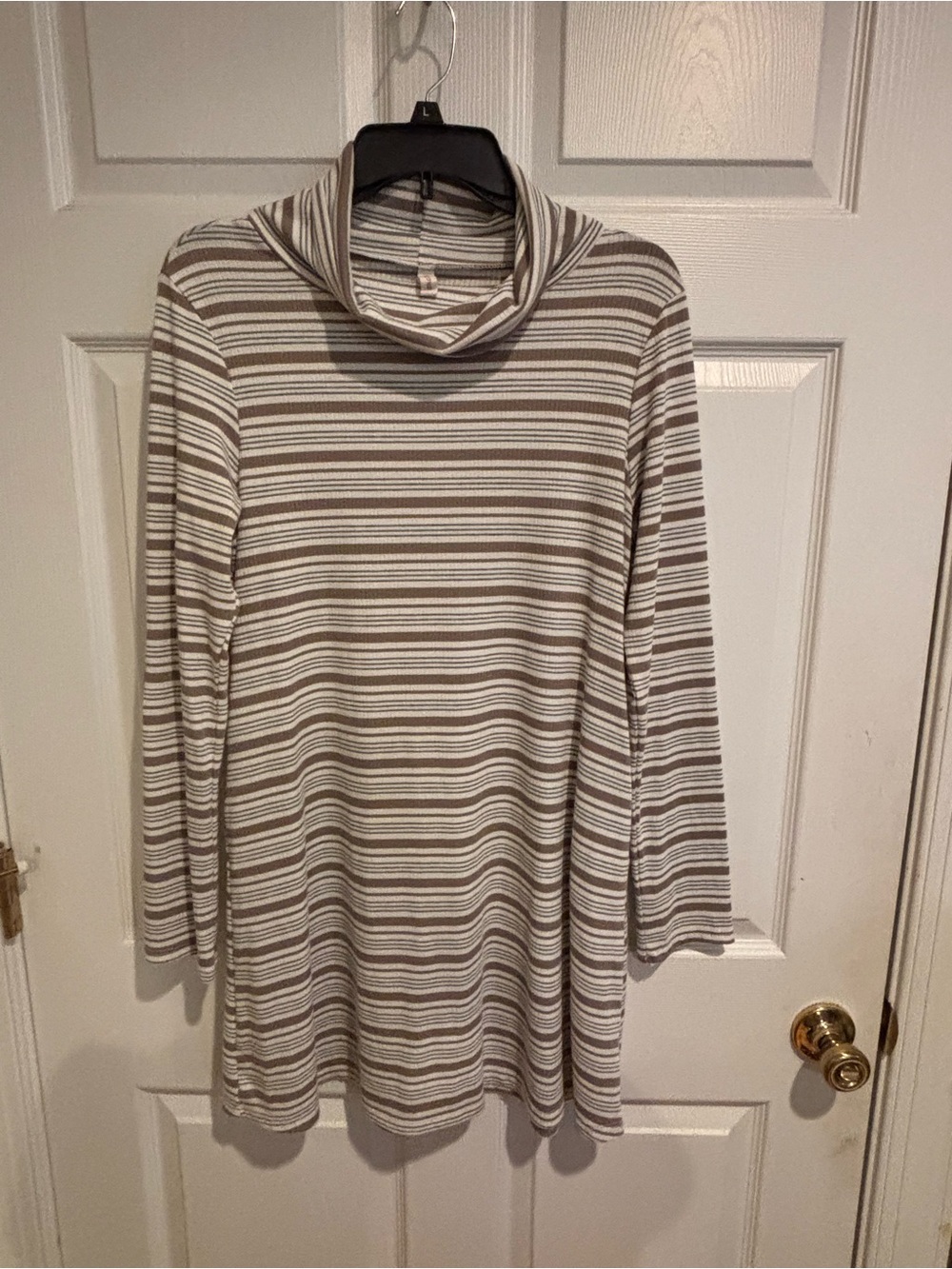 M. BELoved Striped Cowl Neck Tunic Top L Brown White Elbow Patch Long Sleeve